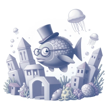 A whimsical fish with oversized glasses and a top hat is swimming gracefully through a fantasy underwater city. The fish has a vibrant and intricate body adorned with patterns resembling coral. Surrounding the fish are various fantastical buildings made of seashells and colorful corals, each with unique shapes and sizes. Bubbles are rising to the surface, and schools of smaller fish are darting around, creating a lively atmosphere. The scene is illuminated by glowing jellyfish that float gently above the cityscape.