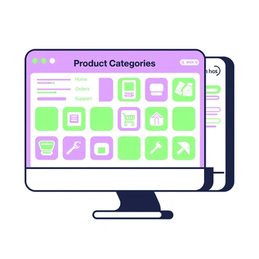 An e-procurement system interface is displayed on a computer screen. The screen shows a grid layout filled with various product categories. Each category is represented by a distinct icon, such as a shopping cart, a box, and a tool, all neatly arranged in rows and columns. Above the grid, there is a header with the title "Product Categories" in bold lettering. A navigation menu runs along the top of the interface, featuring links labeled "Home," "Orders," and "Support." In the bottom corner, there is a search bar, inviting users to type in their queries.