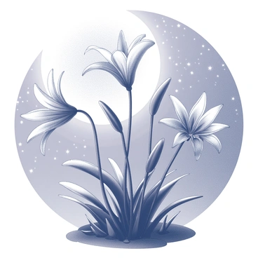 A cluster of spider lilies with long, delicate petals extending outward. The flowers are illuminated by the soft glow of the moonlight, casting gentle shadows on the surrounding ground. The background features a serene night sky filled with stars, enhancing the tranquil atmosphere. The scene conveys a sense of calm and beauty, focusing on the intricate details of the lily petals and the subtle light play.
