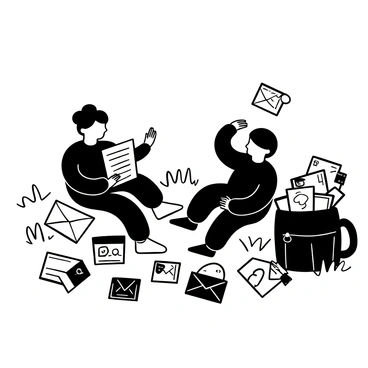 Two children sitting on a grassy area, surrounded by a variety of colorful envelopes. One child holds an open letter, while the other has a stack of letters beside them. Various international stamps are scattered around them, each displaying different designs and patterns. The children are actively engaged in their exchange, with the sunlight casting shadows onto the grass. A small backpack lies nearby, partially open, revealing more letters and a notebook.