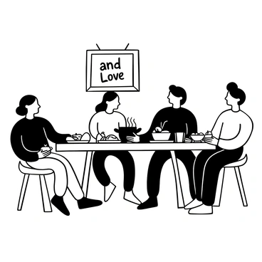 A loving family gathered around a table, sharing a meal, with a Bible verse about unity and love illustrated on the wall behind them.