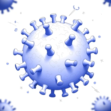 A detailed illustration of a virus as seen under a microscope. The virus is shown with a spherical shape, covered in spike proteins that protrude from its surface. The surface features a textured appearance, resembling a rough, uneven landscape. The virus is surrounded by a blurred background that suggests the viewing glass of the microscope. Fine lines and patterns indicate the microscopic details, illustrating the intricate structure of the virus.