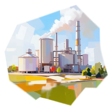 A bioenergy plant is depicted with large, cylindrical biofuel storage tanks and a network of pipes connecting various components. The structure of the plant features a series of chimneys and exhaust stacks emitting minimal smoke. An integrated carbon capture system is prominently shown, with large, transparent capturing units that filter the air around the plant. Surrounding the facility are green fields and scattered trees, emphasizing an eco-friendly environment. The sky is clear, and sunlight casts shadows across the plant’s infrastructure, highlighting its modern design and technology.