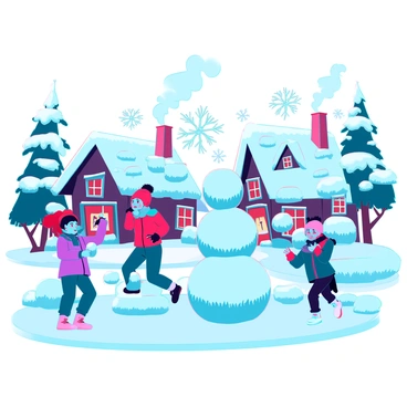 A cozy snowy village scene with characters building snowmen and children playing