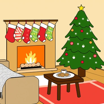 A cozy living room with warm wooden floors and soft, plush rugs. A bright orange fireplace is glowing, with flames flickering inside and emitting a gentle warmth. Above the fireplace, several colorful stockings are hanging, each with festive patterns and designs. On the opposite side of the room stands a tall Christmas tree, adorned with twinkling white lights, shiny ornaments in red and gold, and a sparkling star on top. Nearby, a comfortable sofa is draped with a thick knitted blanket, and a small coffee table holds a plate of freshly baked cookies and a cup of hot cocoa. The ambiance of the room is inviting and cheerful, perfect for the holiday season.