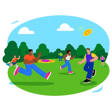 A group of four friends playing frisbee in a vibrant park on a sunny afternoon. The friends are laughing and running, with one friend wearing a bright red t-shirt and another in a blue tank top. The frisbee is a vivid yellow, soaring through the clear blue sky. In the background, there are green trees and a few colorful picnic blankets spread out on the grass. Some spectators are cheering nearby, adding to the lively atmosphere of the sports day. The sun casts distinct shadows on the ground, highlighting the joyful activity taking place.