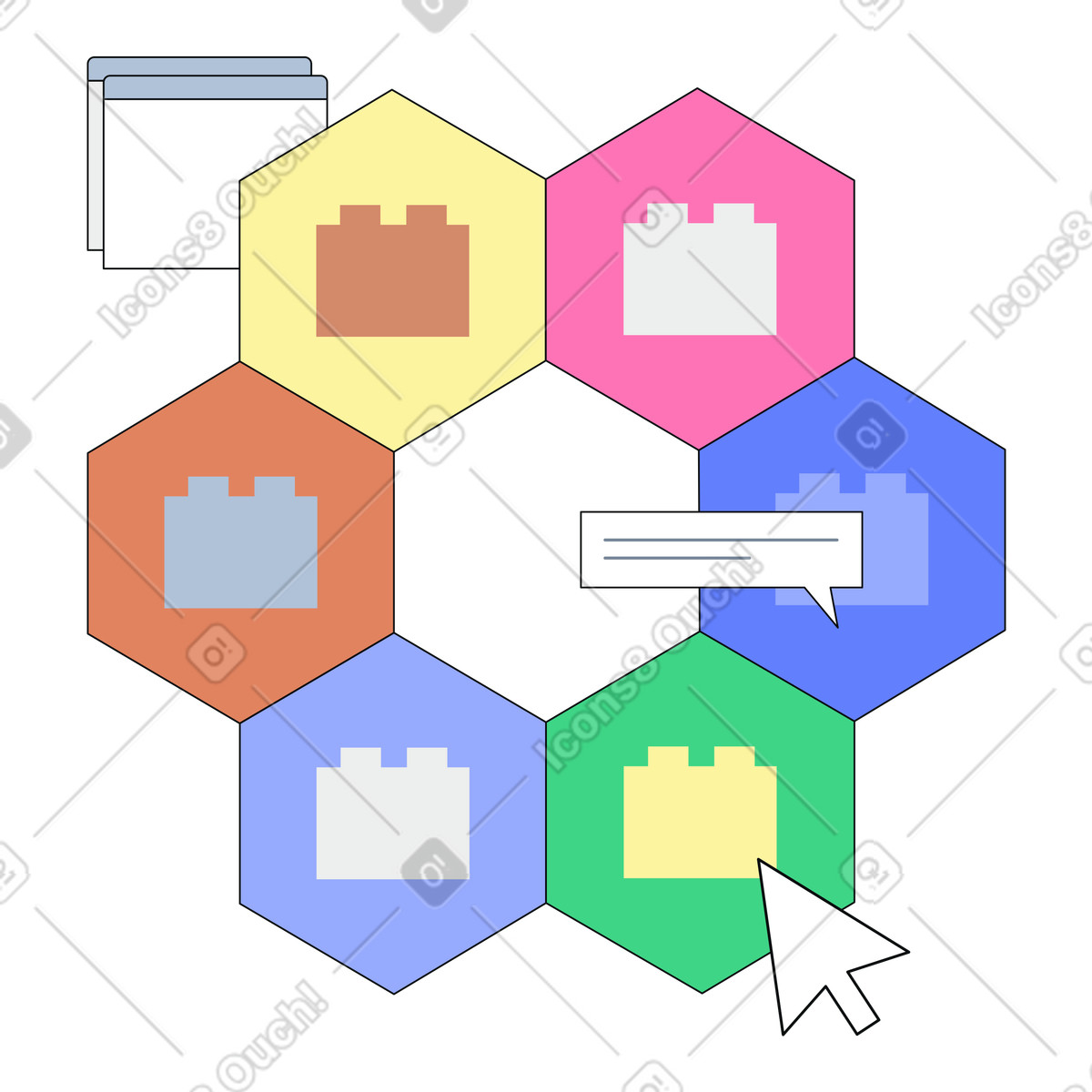 Hexagonal cells with plugin modules, app customization options, modular software integration illustration in Teko style download in PNG, SVG