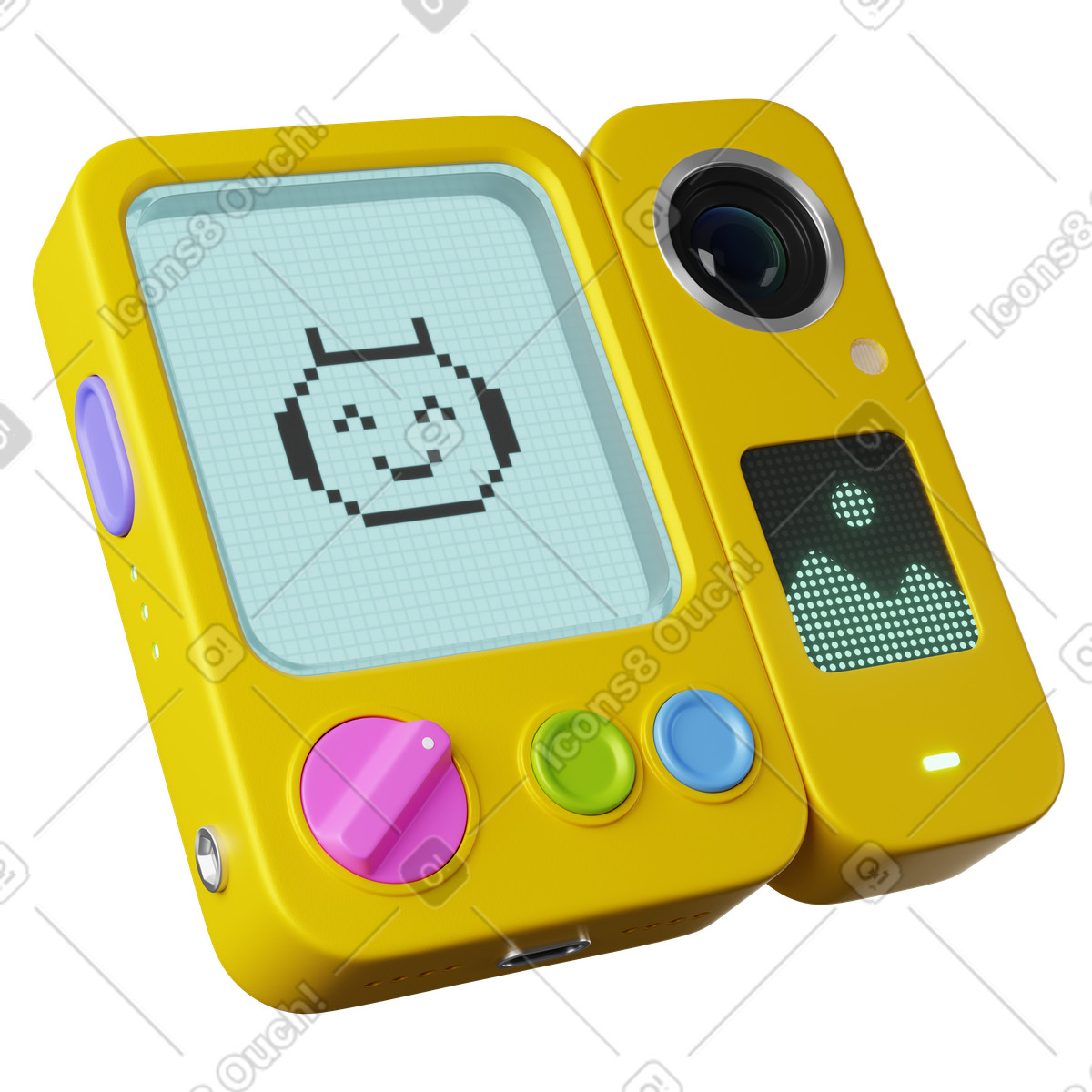 Ilustração de Console handheld retro game device with pixel robot face display em no estilo 3D Plastic para baixar em PNG, SVG