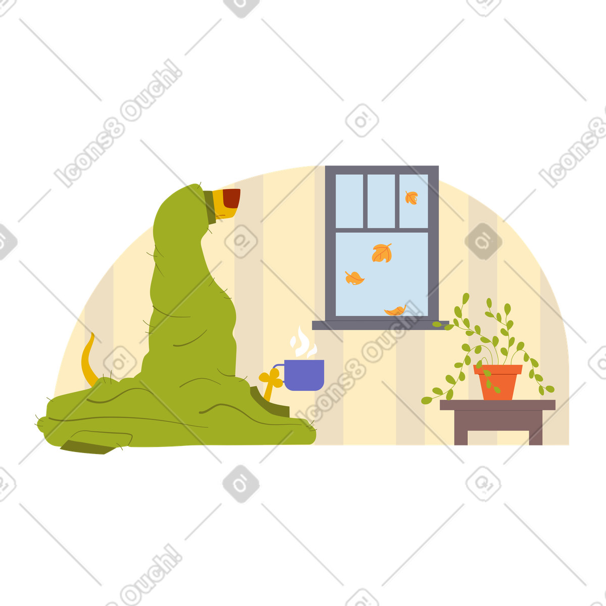 Dog drinking warm tea while sitting in big sweater illustration Woof style download PNG, SVG