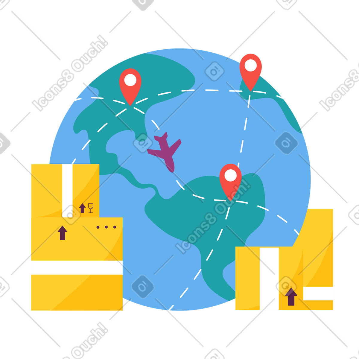 Globe with shipping boxes and airplane routes, International delivery logistics illustrazione in stile Sammy scarica in PNG, SVG