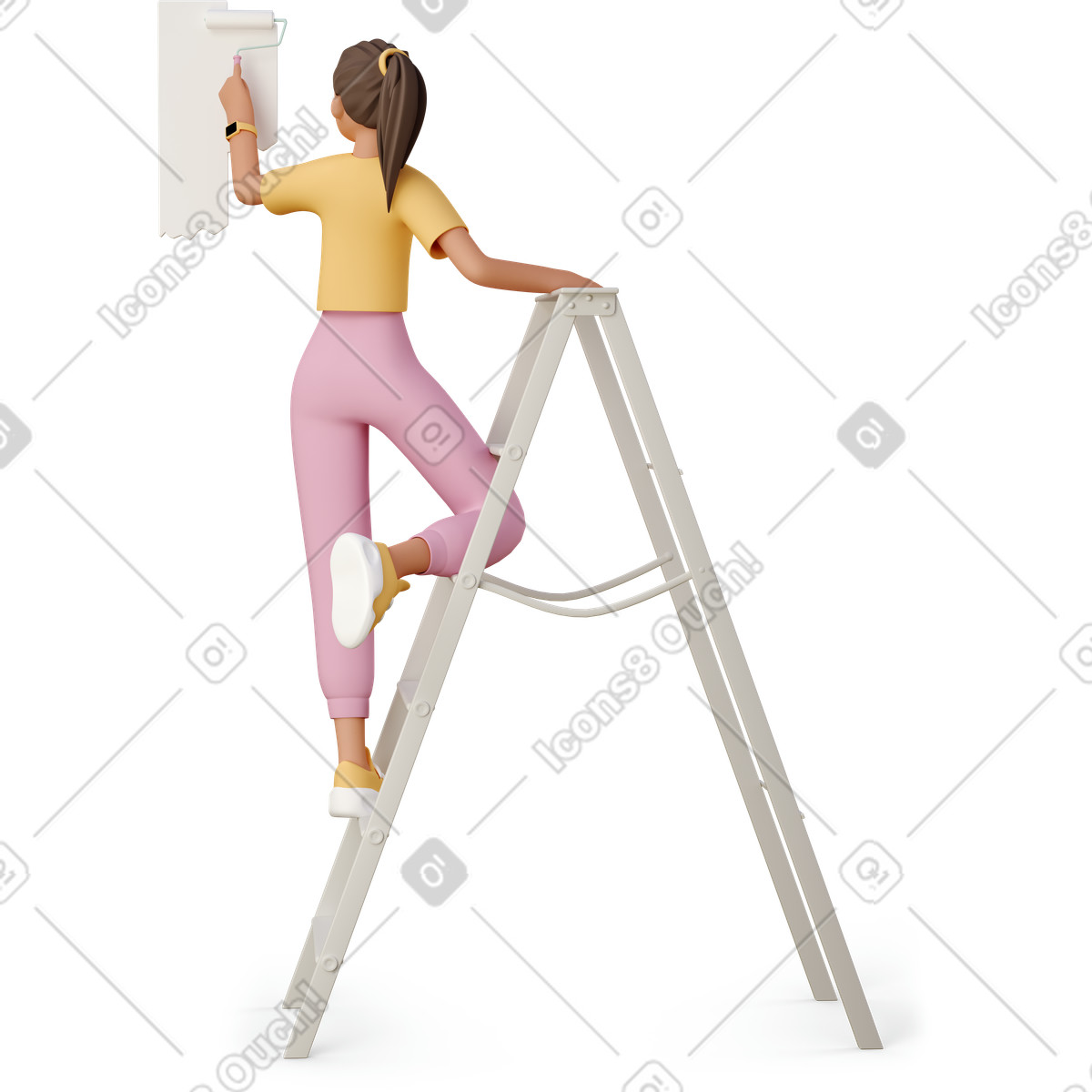 3D Casual life 스타일의 Young woman painting the wall with a paint roller 일러스트레이션 PNG, SVG 다운로드