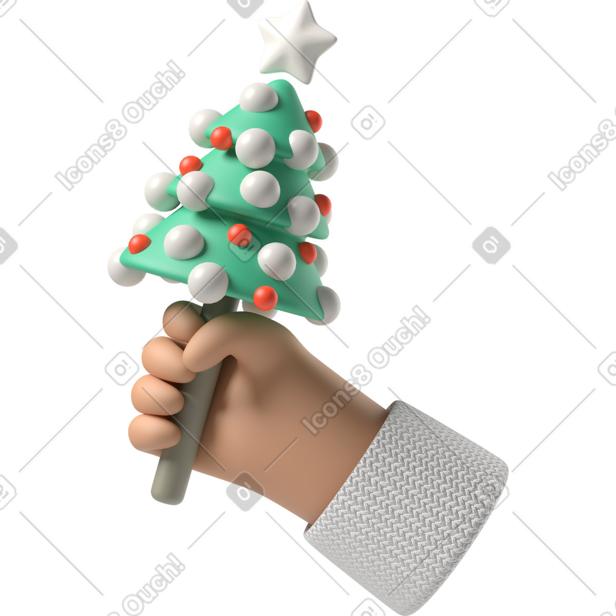 下载 3D Hands Fun&Wild 风格的 晒黑的皮肤手拿着一棵小圣诞树 插画，支持 PNG、SVG 格式