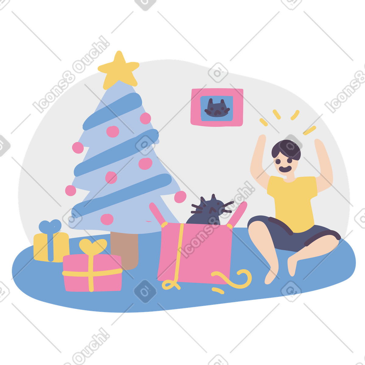 Excited boy getting a cat for christmas illustration in Pluto style download in PNG, SVG