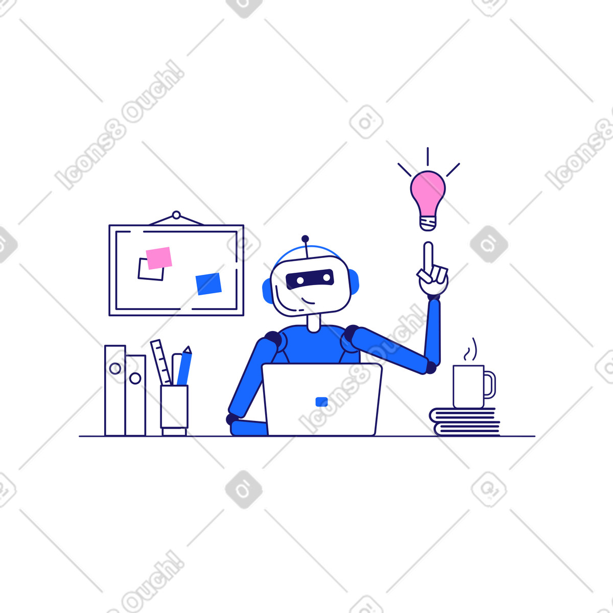 Robot ai con idea che lavora il laptop illustrazione in stile Matey scarica in PNG, SVG