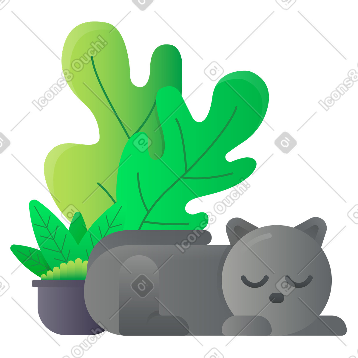 Domestic cat sleeping next to houseplant illustration in Hugo style download in PNG, SVG