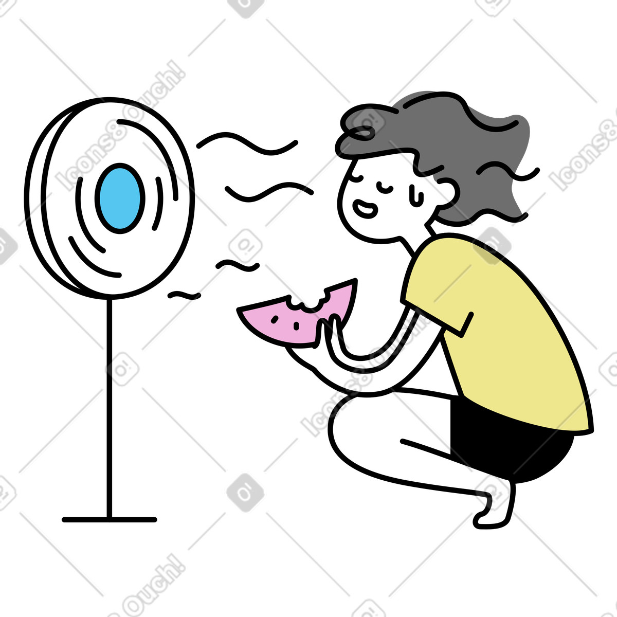 Cooling off with fan and watermelon, summer heat relief illustration in Mochi style download in PNG, SVG
