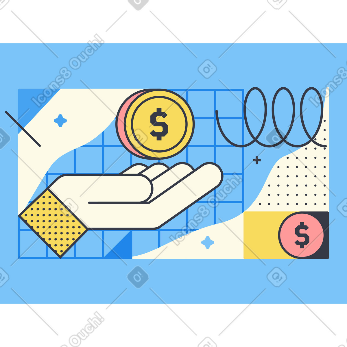 Hand with dollar coin, financial operation animated illustration in GIF, Lottie (JSON), AE