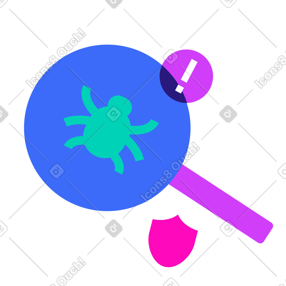 Illustration Software error bug under magnifier, quality assurance and debugging dans le style Basic à télécharger aux formats PNG, SVG