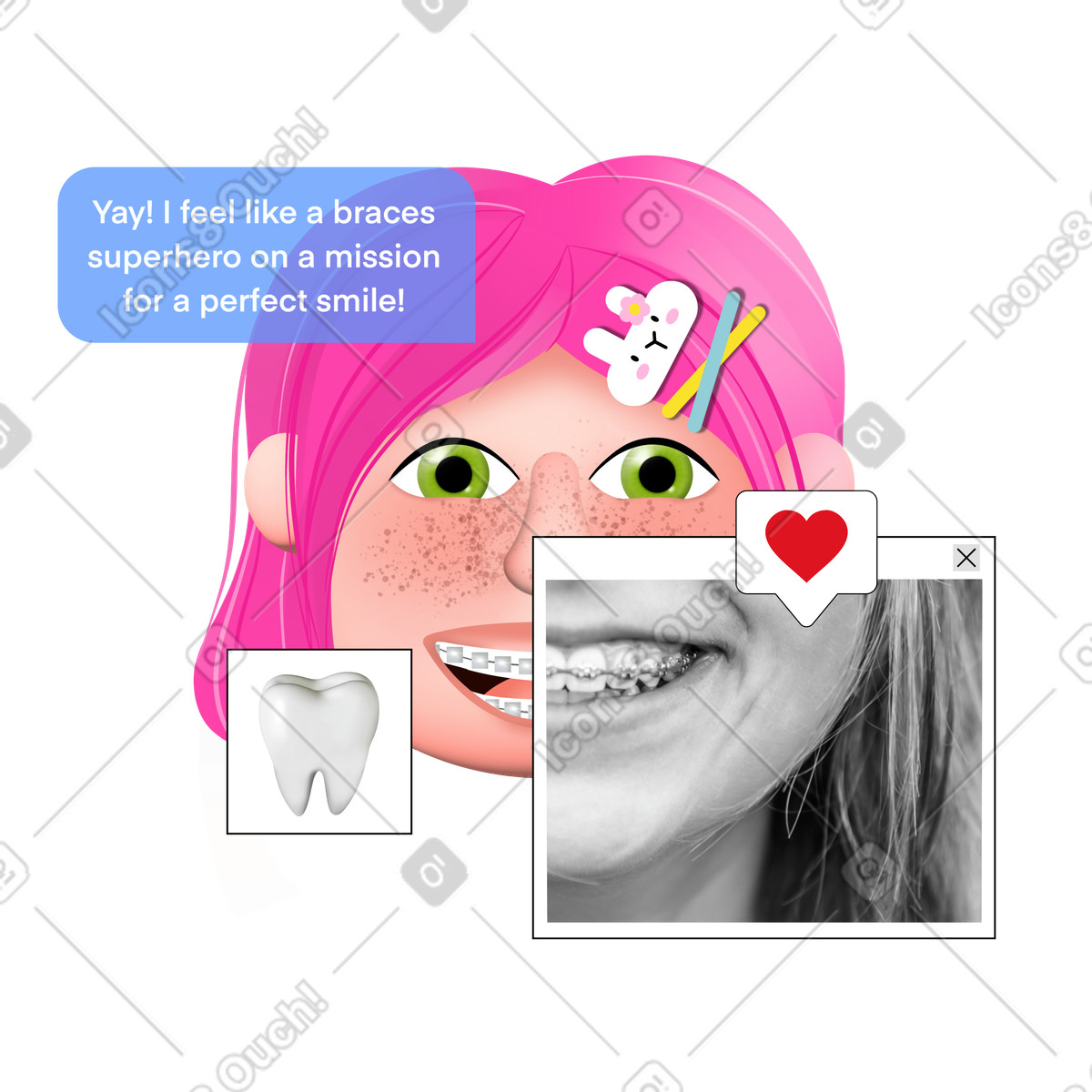 Ilustración Niña sonriente feliz con aparatos dentales en estilo Jumble a descargar en PNG y SVG