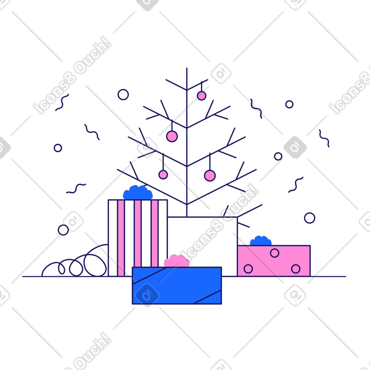 Illustration Cadeaux de noël près du sapin dans le style Matey à télécharger aux formats PNG, SVG