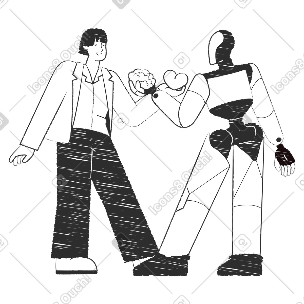 Illustration Collaboration between human and robot, Dilemmas of AI ethics empathy dans le style Graphite à télécharger aux formats PNG, SVG