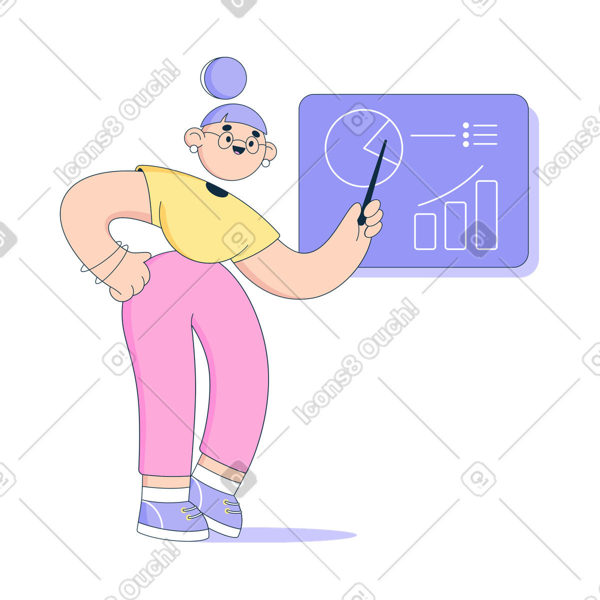 Teacher with a pointer explains the material on the blackboard illustration in PNG, SVG