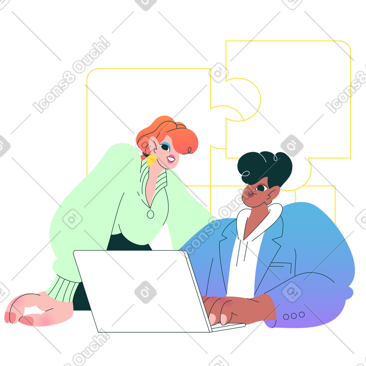 Colleagues working as a team animated illustration in Florid style download in GIF, Lottie (JSON), AE