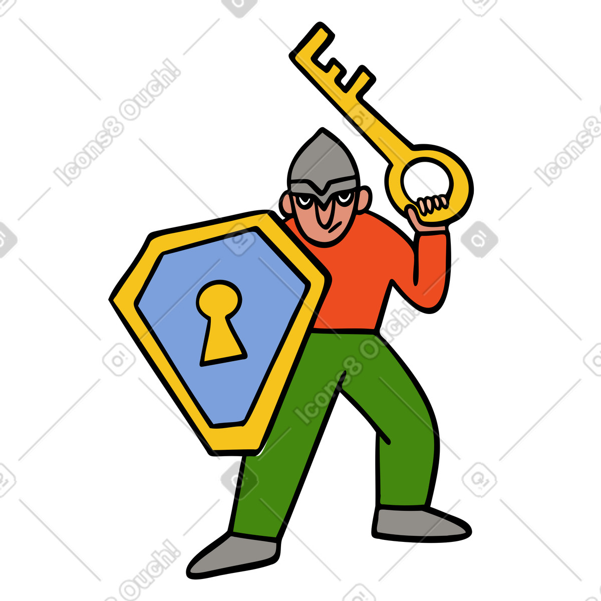 Illustration Garde avec bouclier et clé protégeant les informations privées dans le style Comic à télécharger aux formats PNG, SVG