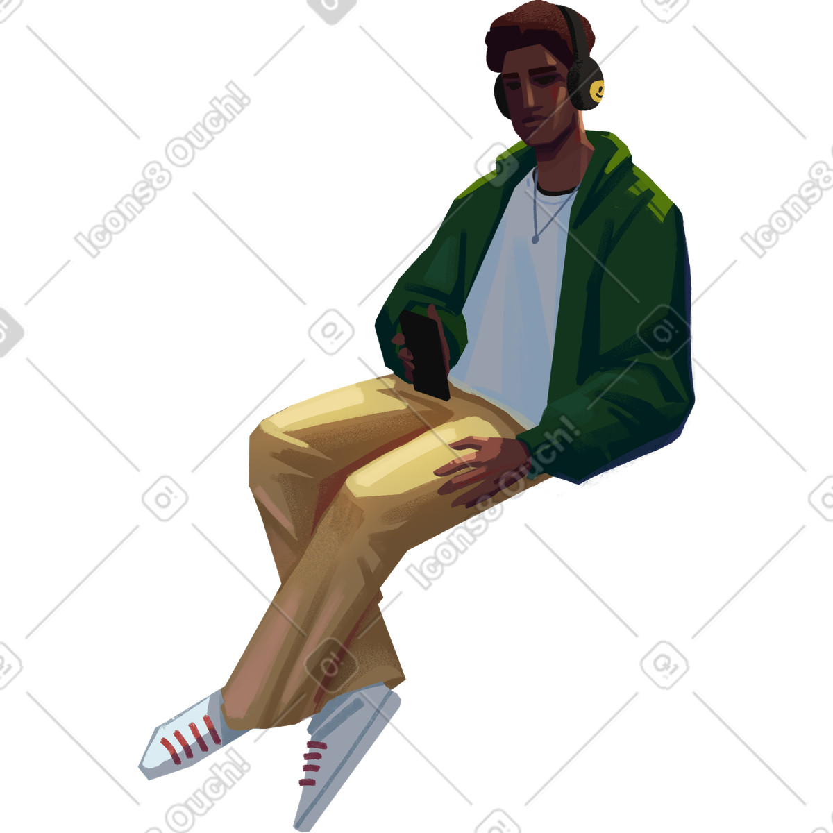 Man sitting with headphones and watching his phone-Illustration im Lush-Stil als Download in PNG, SVG