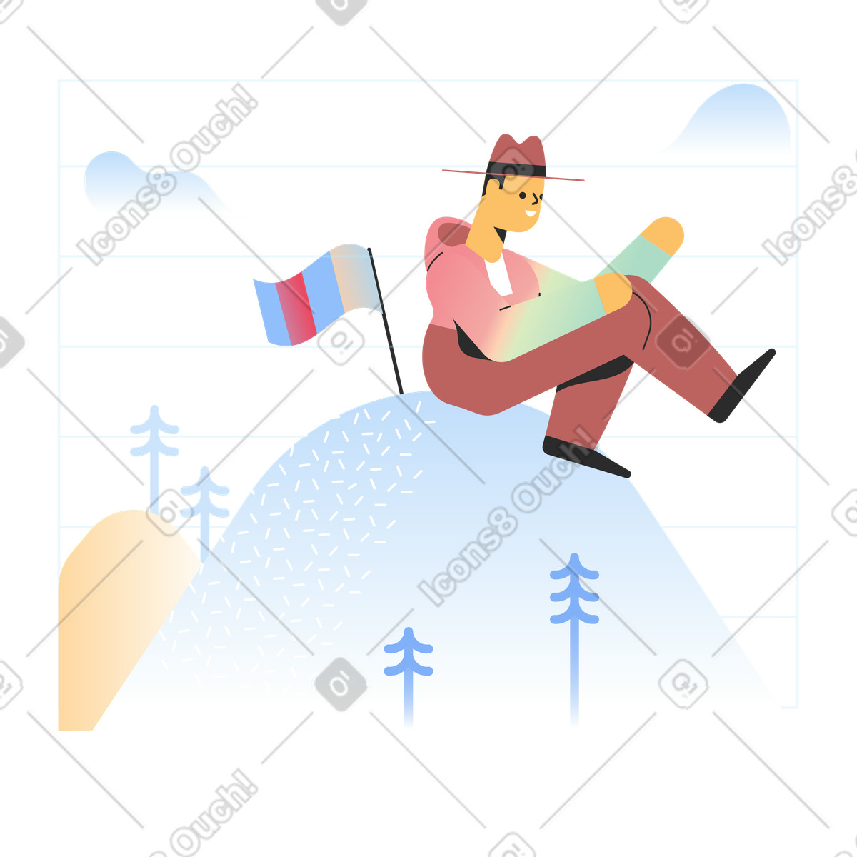Reaching the top of the mountain, Milestone achievement and success illustration in Marginalia style download in PNG, SVG