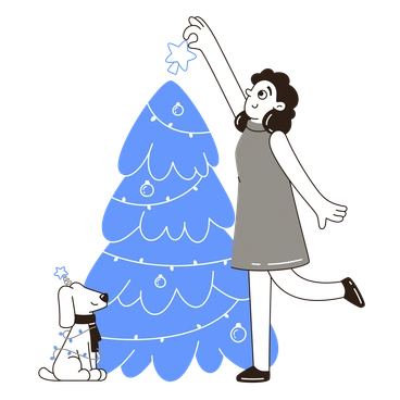 A woman decorating a Christmas tree with a dog - Plain style illustration