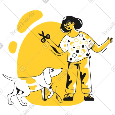 Caring woman helping a dog remove a wire from paw PNG, SVG