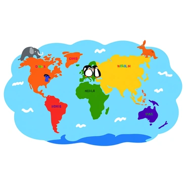 A vibrant world map featuring cartoonish landmasses in shades of red, orange, yellow, green, blue, and purple. Each continent has playful and exaggerated shapes, making them look inviting for children. The oceans are depicted in a bright blue with cheerful wave patterns throughout. Surrounding the map are cute cartoon animals like elephants, penguins, and kangaroos, adding a sense of fun and exploration. The continents are labeled with colorful letters, each continent's name clearly visible and easy to read. The overall feel of the map is lively and engaging, making it ideal for a child's room or educational space.