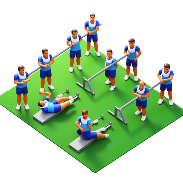 A sports team consisting of various athletes is warming up on a grassy field. They are performing dips on parallel bars set up on the side. The athletes are wearing matching team uniforms in vibrant colors, showcasing their team logo. Each athlete is focused, with some chatting with teammates while others concentrate on their form. The sun casts long shadows on the field, highlighting the determination on their faces as they prepare for practice.
