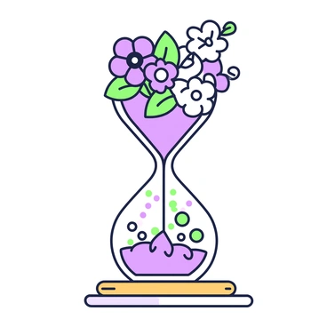An hourglass where the sand is replaced by blooming flowers and leaves