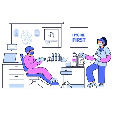 A dental clinic interior with bright white walls and modern equipment. In the center, a dental chair is positioned next to a counter with sterilized instruments neatly arranged. A dentist wearing a blue surgical mask, face shield, and gloves is preparing for a procedure. Nearby, a dental hygienist, also in PPE, is cleaning an examination area with disinfectant wipes. A large poster on the wall displays "Hygiene First" in bold letters. Hand sanitizer stations are visible throughout the clinic.