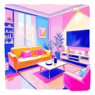 A living room features a sleek design with modern furniture. A large, comfortable sofa is placed in the center, accompanied by a stylish coffee table. On the table, there is a voice-activated assistant with a round shape and glowing indicator light. The walls are adorned with framed art, and there are automated light panels that emit a soft, ambient glow. A large flat-screen TV is mounted on one wall, and a smart thermostat is visible on another. A corner shelf displays a collection of smart speakers and other devices, enhancing the room's technology-focused atmosphere.