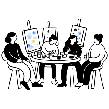 A group of friends at a watercolor painting class, sharing tips while painting together.