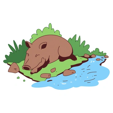 A brown wild boar is peacefully resting on the green grass beside a slowly flowing blue stream. The boar's eyes are closed, and its body is relaxed, with its snout resting on the ground. The stream glistens under the sunlight, and there are a few smooth stones scattered along its banks. Soft green foliage surrounds the area, adding to the tranquil setting. Small ripples can be seen in the water as it flows gently past the resting boar.