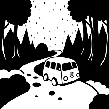 A VW bus driving along a winding road through a dense forest during rainfall. The bus has its headlights on, illuminating the wet road ahead. Raindrops can be seen falling from the leaves of the trees surrounding the road. Puddles form on the ground, reflecting the light from the bus. Mist rises from the forest floor, creating a sense of depth among the tall trees. The scene captures the atmosphere of a rainy day in nature.