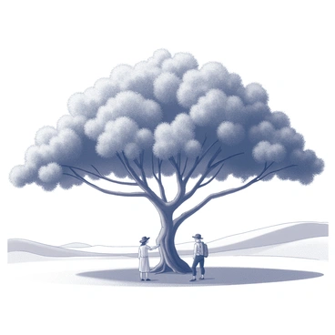 A large, leafy tree stands in the center of a sandy desert. Its broad branches are filled with dense, green foliage, creating a significant area of shade beneath. A few travelers with sun hats and light clothing are gathered under the tree, seeking relief from the bright sunlight. The desert landscape surrounds them, with rolling dunes in the background and a clear sky above, emphasizing the contrast between the tree's greenery and the arid environment.