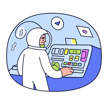 An astronaut wearing a white space suit with a reflective helmet is standing in the cockpit of an alien spaceship. The control panel in front of them is filled with colorful buttons and glowing screens. The astronaut has one hand on the panel, pressing a bright green button, while the other hand hovers over a lever. The interior of the spaceship features unusual shapes and patterns, and there are several digital displays showing various alien symbols. The escape pod, visible through a transparent viewport, is situated to the side, ready for launch.