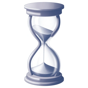 A large hourglass is positioned upright on a wooden table. The hourglass has a thick, ornate frame that adds to its grandeur. Inside, the sand glimmers as it slowly drains from the top bulb to the bottom bulb, creating a gentle cascade. The glass is clear, allowing the viewer to see the sparkling grains of sand as they flow downwards, contrasting with the smooth surfaces of the hourglass. The setting is softly illuminated, highlighting the intricate details of the hourglass frame and the mesmerizing movement of the sand.