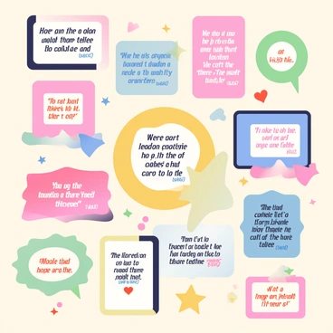 A wall is covered with various "empowering quotes" from leaders of all genders, each quote housed within a distinct, colorful frame. The frames are arranged in a collage-like manner, showcasing a variety of shapes, such as rectangles, circles, and stars. The quotes are written in different fonts and sizes, displaying a diversity of styles from elegant cursive to bold block letters. The background of the wall is a soft beige, creating a warm ambiance that highlights the vibrant colors of the frames. Small decorative elements, such as stars and hearts, are scattered around the quotes, adding a touch of inspiration and positivity to the scene.