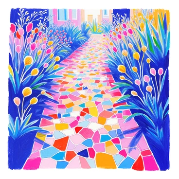 An intricate mosaic design is displayed along a garden path. The mosaic consists of tiny pieces of broken glass in a variety of colors, creating a vibrant pattern. The glass pieces are arranged in detailed shapes, reflecting light in various angles. Surrounding the path, there are green plants and colorful flowers that enhance the scene. The sun casts soft shadows on the mosaic, highlighting the texture and craftsmanship of the design.