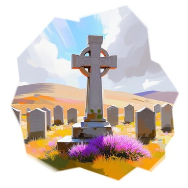 An ornate Celtic cross adorned with intricate knotwork and carvings stands prominently in a Scottish cemetery. The cross is crafted from weathered stone, showcasing its age with moss and lichens growing on its surface. Surrounding the cross are neatly arranged gravestones, some engraved with names and dates, while others are simple and unmarked. In the background, rolling hills are visible, and patches of heather bloom in vibrant purple. The sky above is partially cloudy, with rays of sunlight filtering through, casting gentle shadows on the ground.