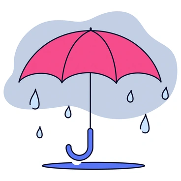 A colorful umbrella is in the process of inflating like a balloon. The umbrella has a bright red canopy with a smooth texture, and the ribs are clearly visible as they expand outward. Surrounding the umbrella are raindrops falling from a gray overcast sky. The ground is slightly wet, reflecting the colors above. The umbrella is positioned upright, and the inflation creates a playful contrast against the gloomy background.