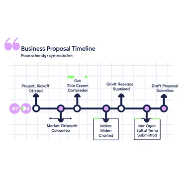 A timeline graph displaying key milestones for a business proposal project is presented. The graph features a horizontal line with labeled points representing various milestones. Each milestone point is marked with a small circle and labeled with descriptive text such as "Project Kickoff", "Market Research Completed", and "Draft Proposal Submitted". Above the timeline, a series of green and purple arrows connect the milestones, creating a clear flow of progress. At the top left corner, there is a title in quotes that reads "Business Proposal Timeline". The background of the graph is a simple grid to enhance clarity.