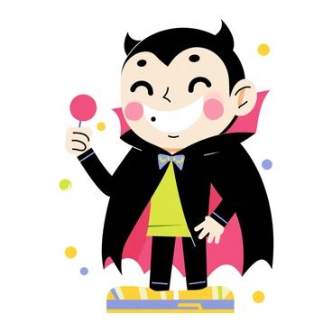 A tiny Dracula character with a large, cheerful grin. He has small fangs peeking out from his bright smile. His cape is black with red lining, and he is holding a small red lollipop in one hand. His round, cartoonish face has rosy cheeks, and he stands on a colorful background filled with playful patterns.