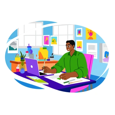 An artist seated at a desk surrounded by art supplies, including brushes, paints, and sketchbooks. The artist is captured in the act of painting a colorful illustration on a canvas. A laptop is open in front of them, displaying their blog or video diary interface. Bright natural light pours in through a nearby window, illuminating the workspace. Various completed artworks are displayed on the walls, showcasing the artist's journey. The scene conveys a sense of creativity and dedication, with the artist focused on their work.